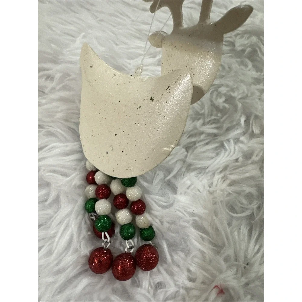 Vintage Pier 1 White Glitter Reindeer Bobble Head Red And White Dangle Legs